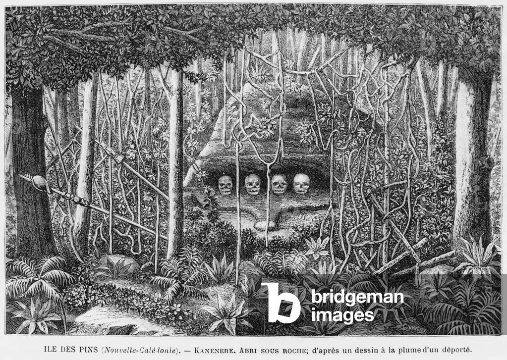 New Caledonia, Isle of Pines, a shelter in the rocks, after a pen and ink drawing by a deportee, illustration from the bulletin 'Les Missions Catholiques', 1893 (engraving)