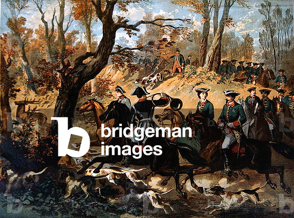 Imperial Stag-Hunt in the Forest of Compiegne (c.1860) (colour litho)