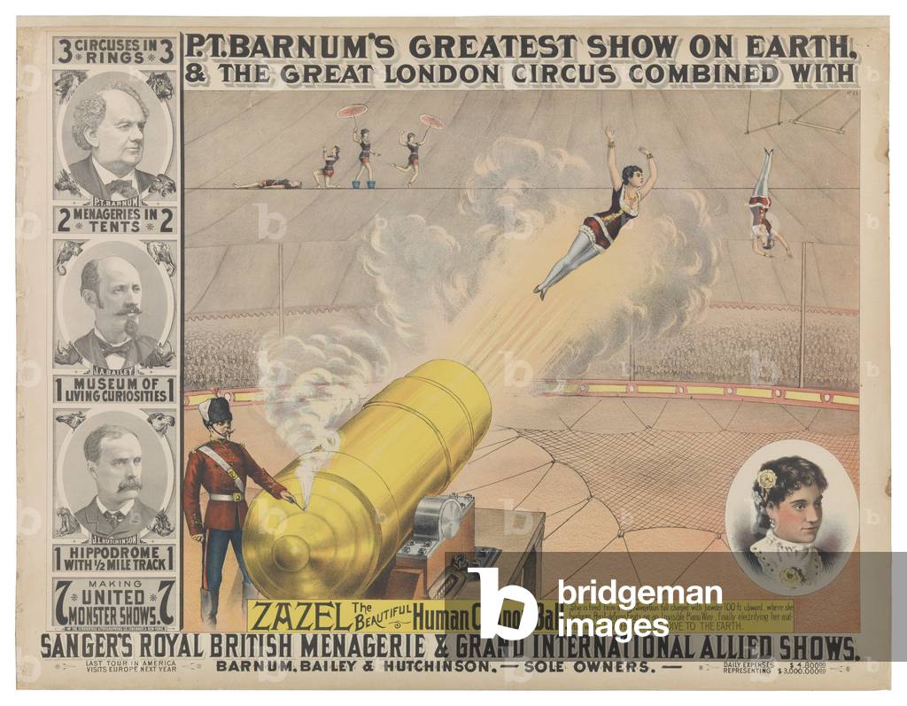 Zazel, The Beautiful Human Cannon Ball,  Barnum & Bailey Greatest Show on Earth & The Great London Circus, 1882 (colour litho)