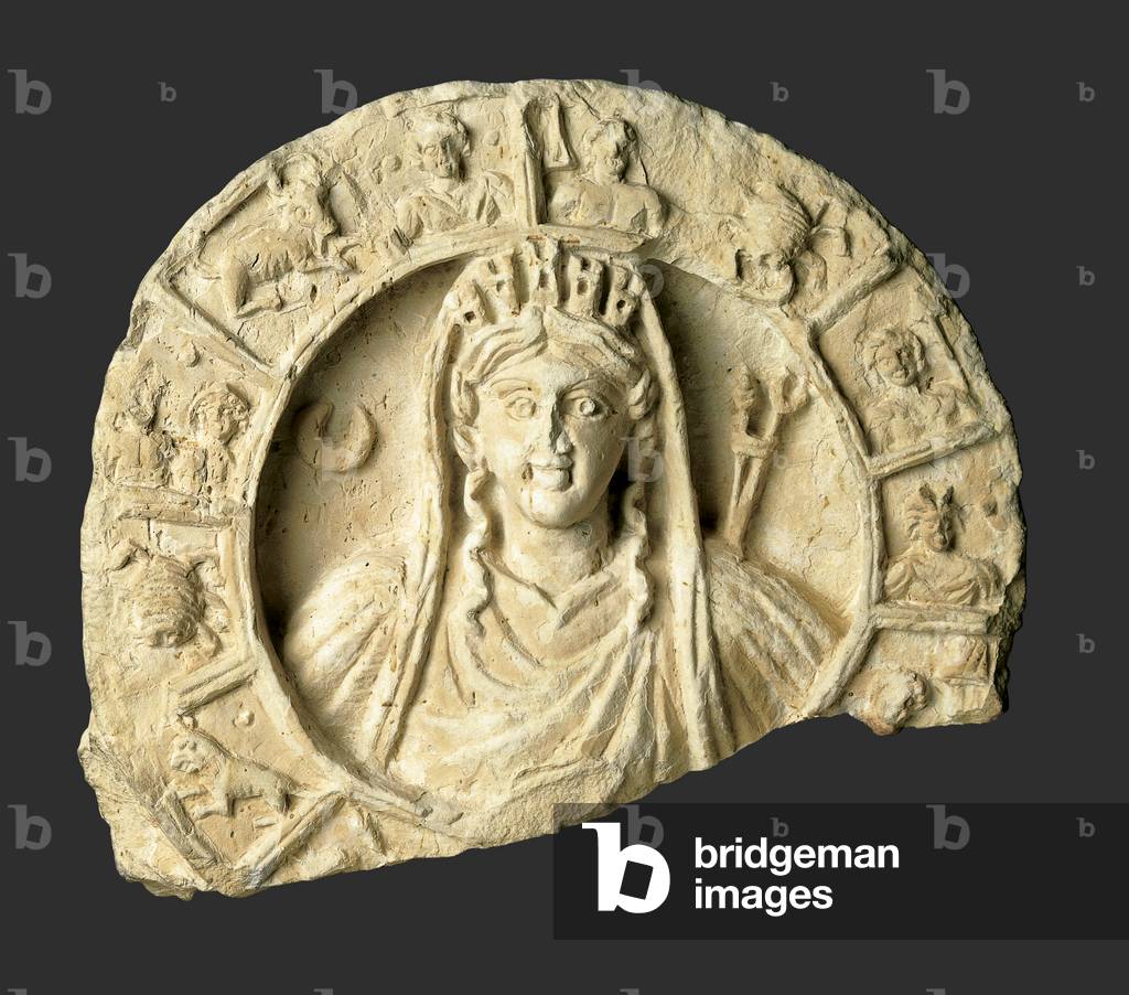 Roundel with Bust of Atargatis-Tyche and Zodiac, Khirbet Tannur/Petra; Jordan, 50 BC - 150 AD (micaceous quartz limestone)