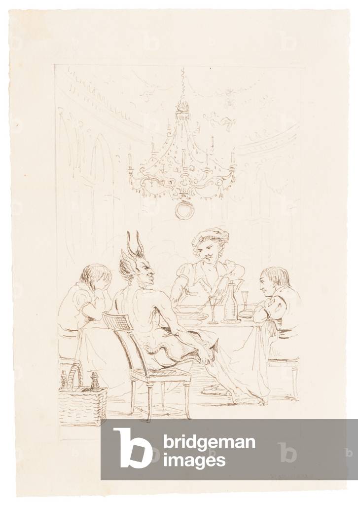 Satan and Three Men at a Table (pen & black ink over pencil on paper)
