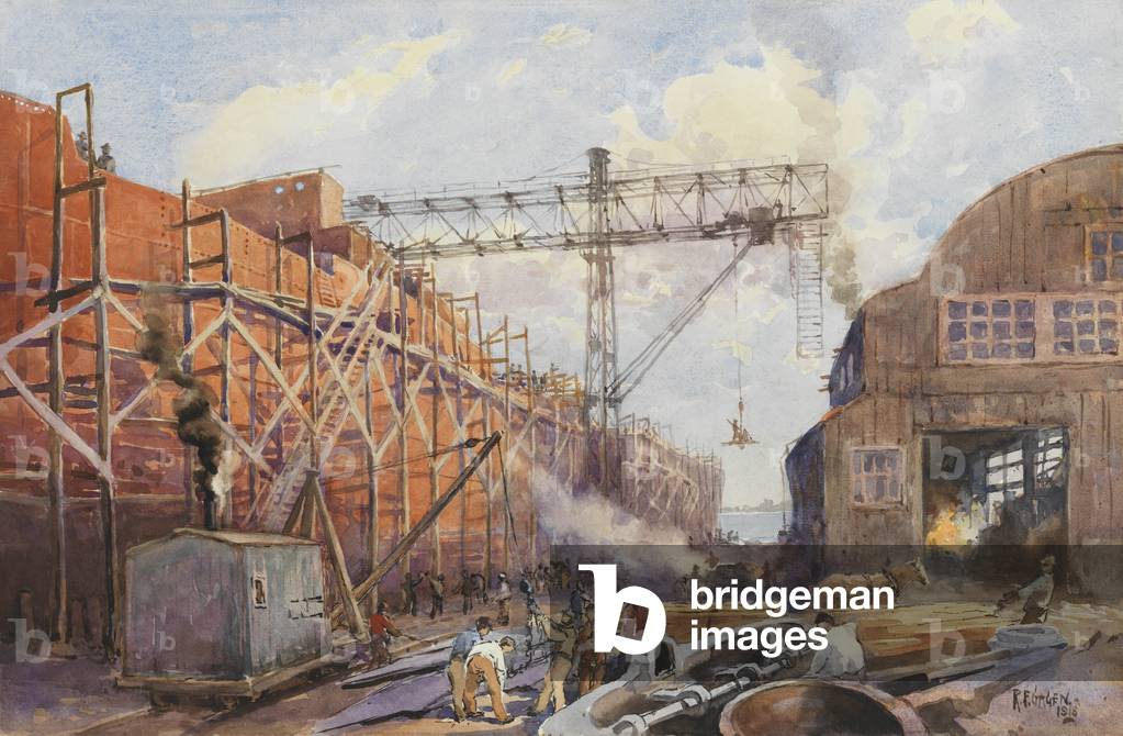 Polson Iron Work Yard, Ship War Hydra on Stocks, 1918 (w/c on paper)