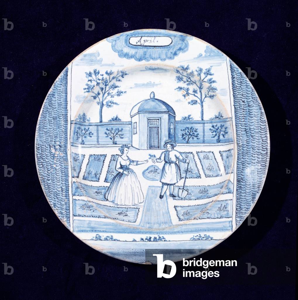 "Piatto di Delftware raffigurante il mese di aprile (terracotta stagnata)", 18th Secolo di Dutch School
