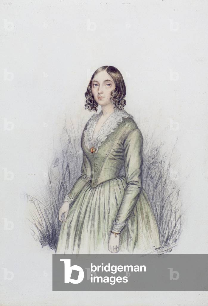 Immagine di Disegno "Ritratto di una giovane donna in abito verde", 1841 di F. Camaret
