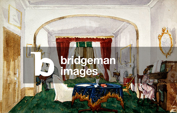 Drawing room interior, woman at piano, man in bowler hat writing, c.1850 (w/c on paper)