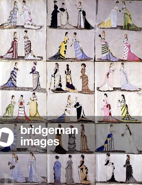 Victorian Ballroom and Day Dresses, 1875 (w/c on paper)