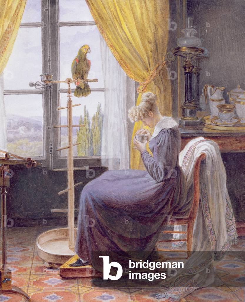 A Woman Feeding a Parrot in an Interior, c.1820 (w/c with gouache on paper)