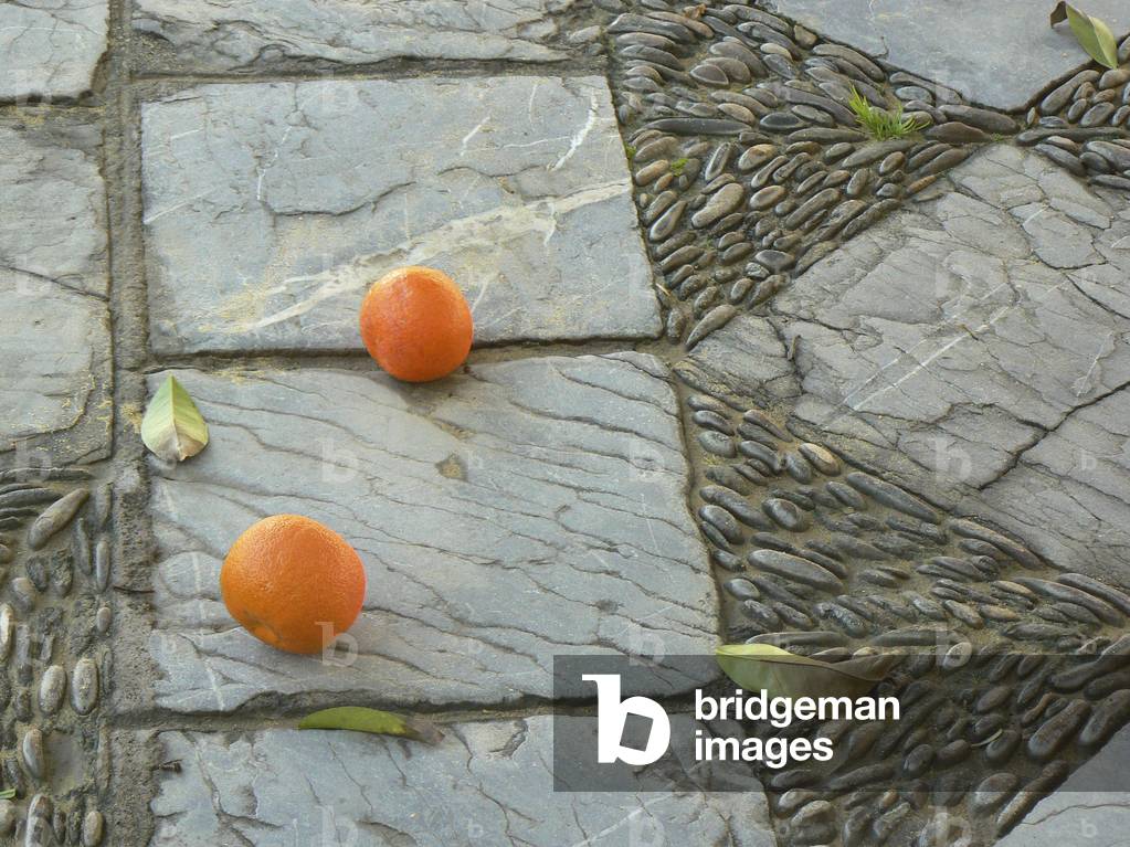 Two fallen oranges come to rest on the decorative cobbles of a Seville street