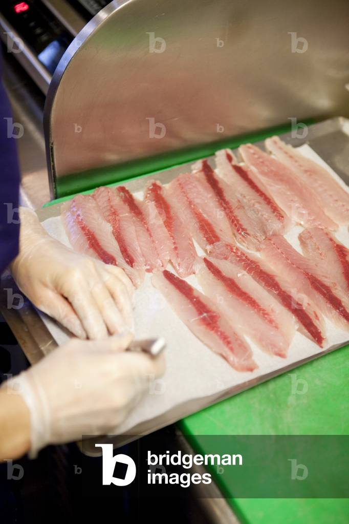 Chef preparing fish, restaurant kitchen, Paris, France (photo)