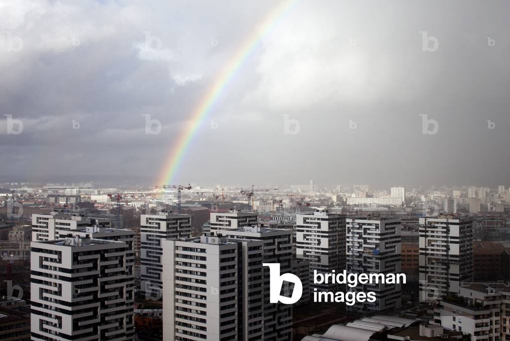 Rainbow over Cité Curial Michelet, Social Housing, Paris 19, France (photo)