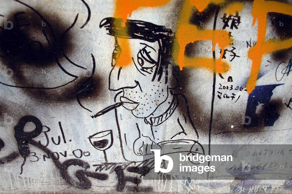 Cartoon of Serge Gainsbourg designed by a fan on the wall of his mansion on Rue de Verneuil in the 7th arrondissement of Paris.