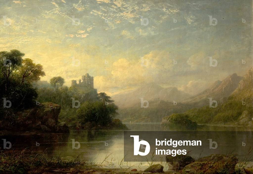 Lake Scene with Ruined Castle and Mountains, 19th century (oil on canvas)