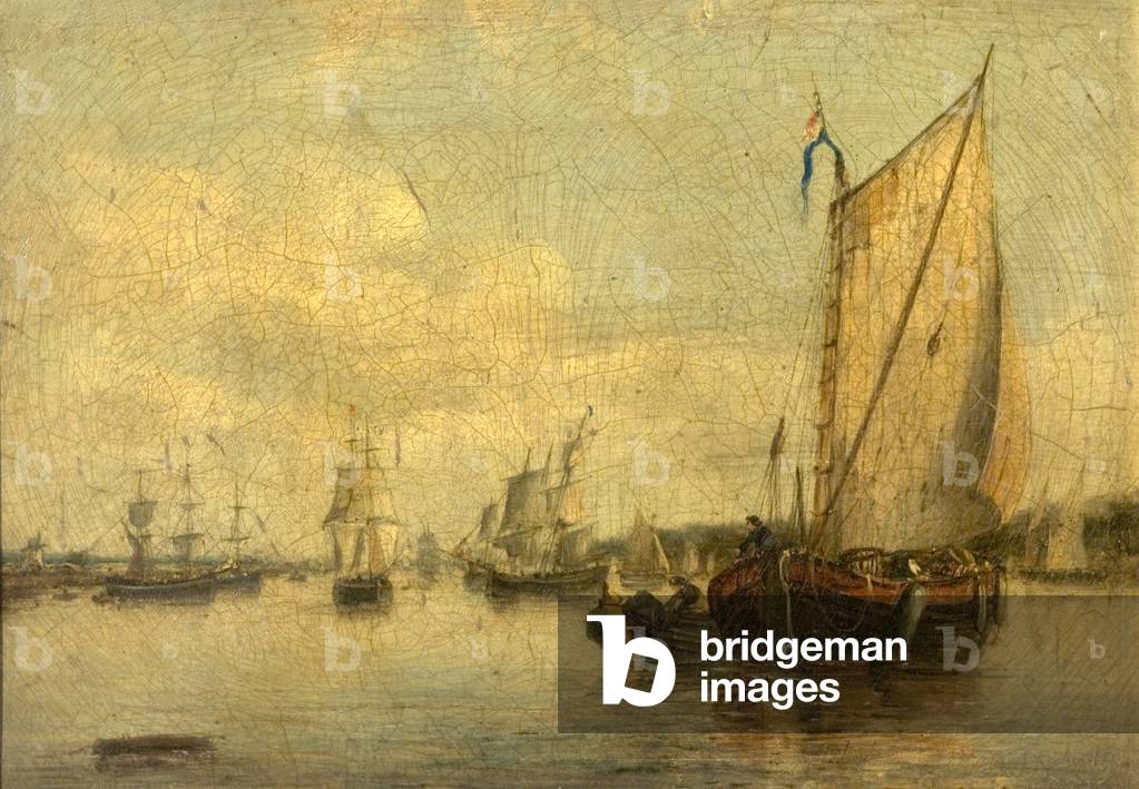 River Scene with Shipping (oil on canvas)