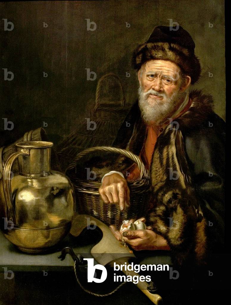An Old Man with Broken Eggs (oil on wood)