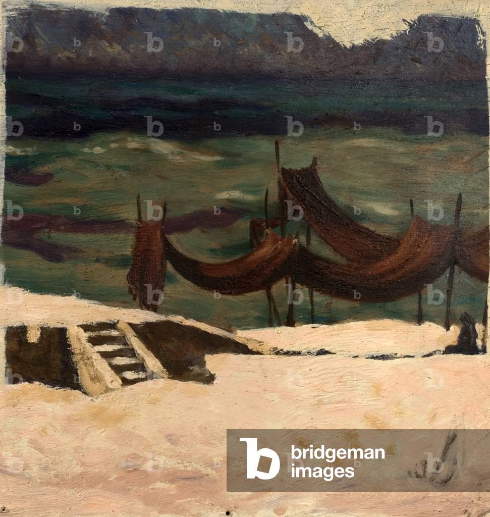 Drying Nets, Gaza, Palestine, 1948 (oil on wood)