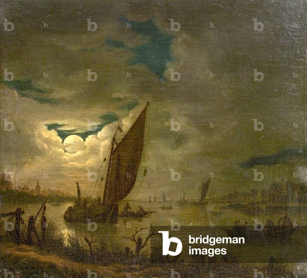 River Scene with Boats and Figures (oil on wood)