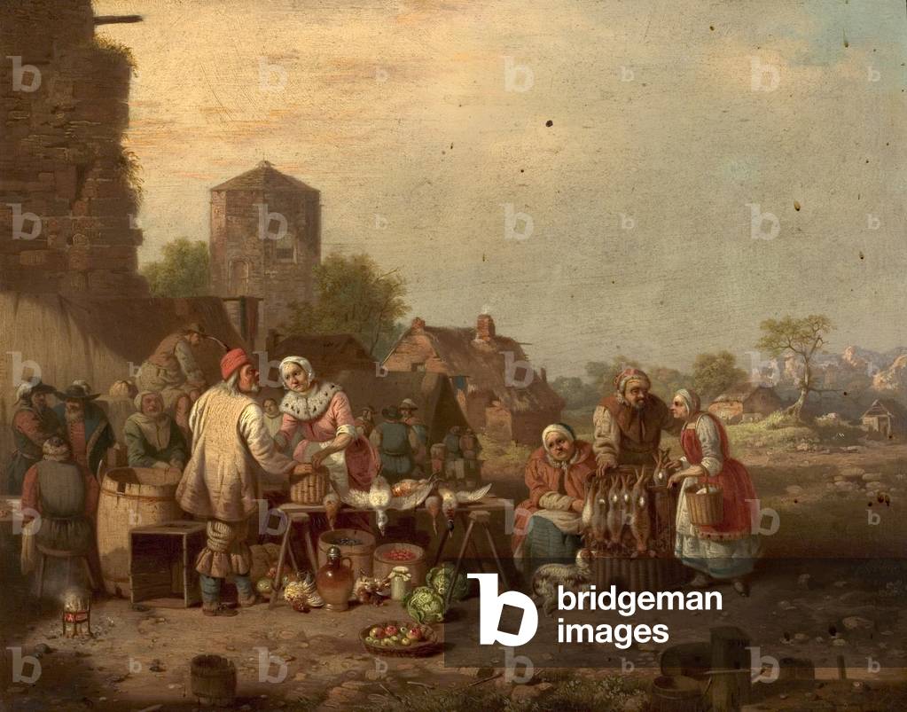 Village Market Scene (oil on wood)