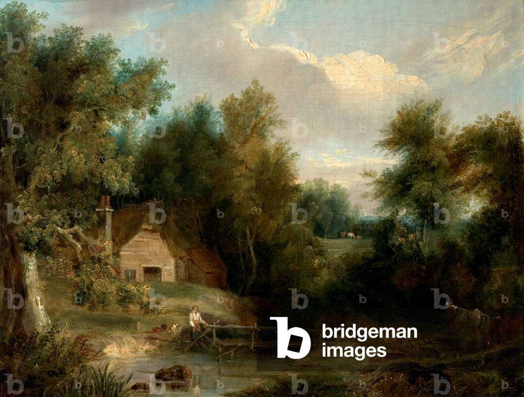 Landscape, Cottage and a Stream with a Figure and a House (oil on canvas)