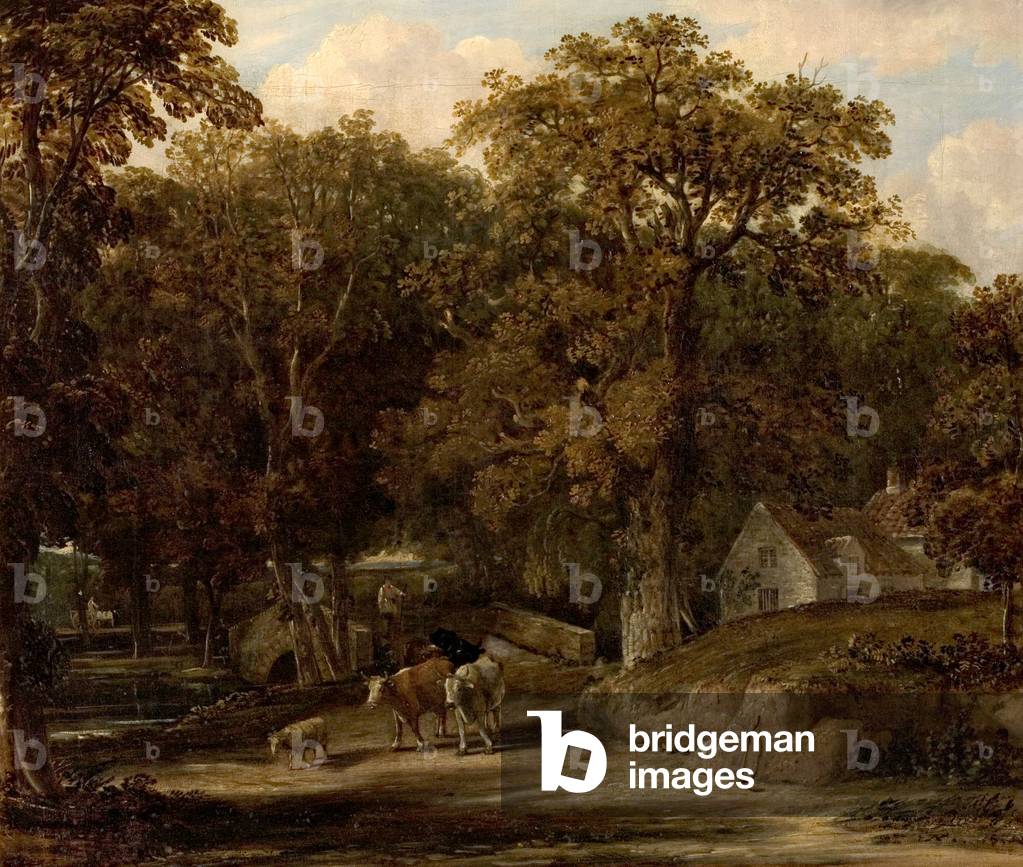 Woodland Scene with Bridge and Cattle (oil on canvas)