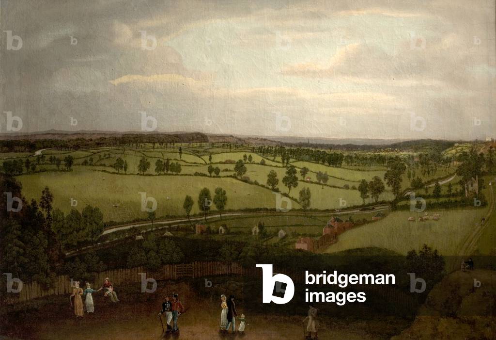 Nottingham Meadows from the Rock Cliff, where Lenton Road turns into Park Valley (oil on canvas)