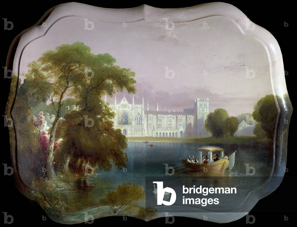 West View of Newstead Abbey, Nottinghamshire, Including a Boating Party on the Upper Lake (oil on papier-mache )
