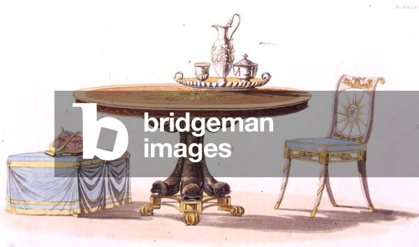 Fashionable furniture: table, chair and window seat (pl. 148) from Ackermann's Repository of Arts, Literature, Commerce, Manufactures, Fashion and Politics, published from 1809-28