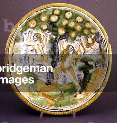 Tin-glazed earthenware charger, decorated with scenes of Adam and Eve, c.1640-45 (ceramic)