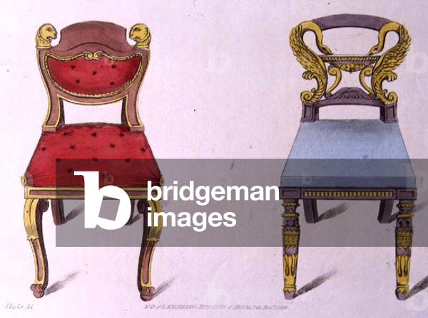 Entwürfe für Stühle (pl. 144) aus Ackermann's Repository of Arts, Literature, Commerce, Manufactures, Fashion 