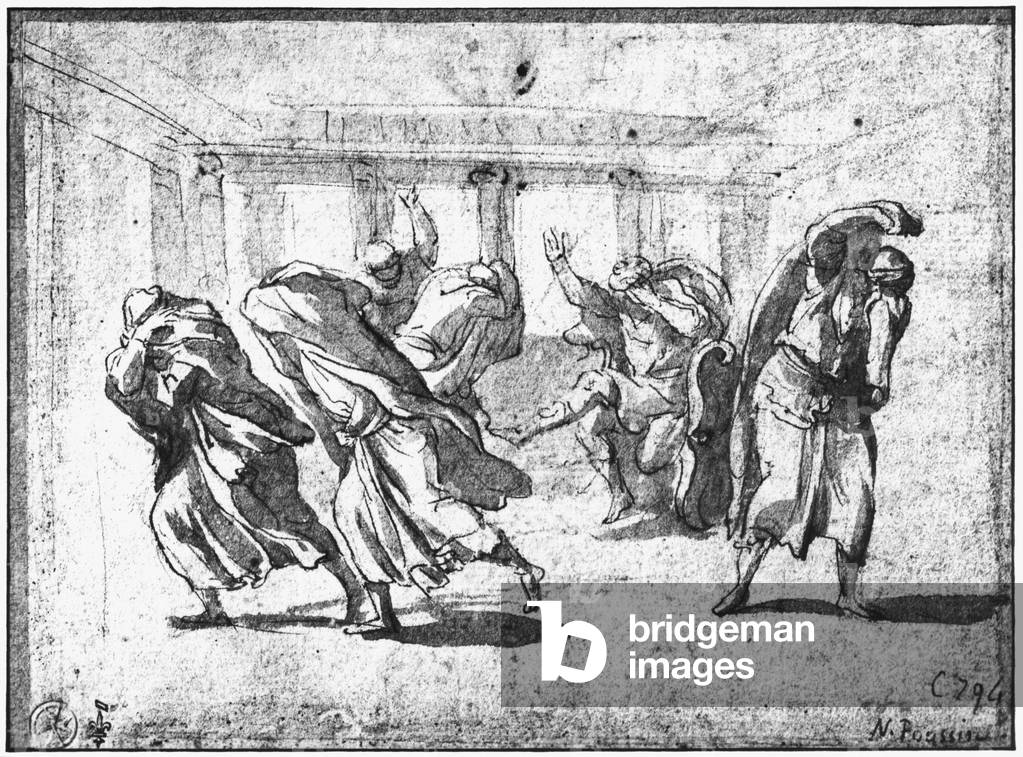 Figures fleeing and protecting their faces (pen, brown ink & wash & red chalk on paper) (b/w photo)
