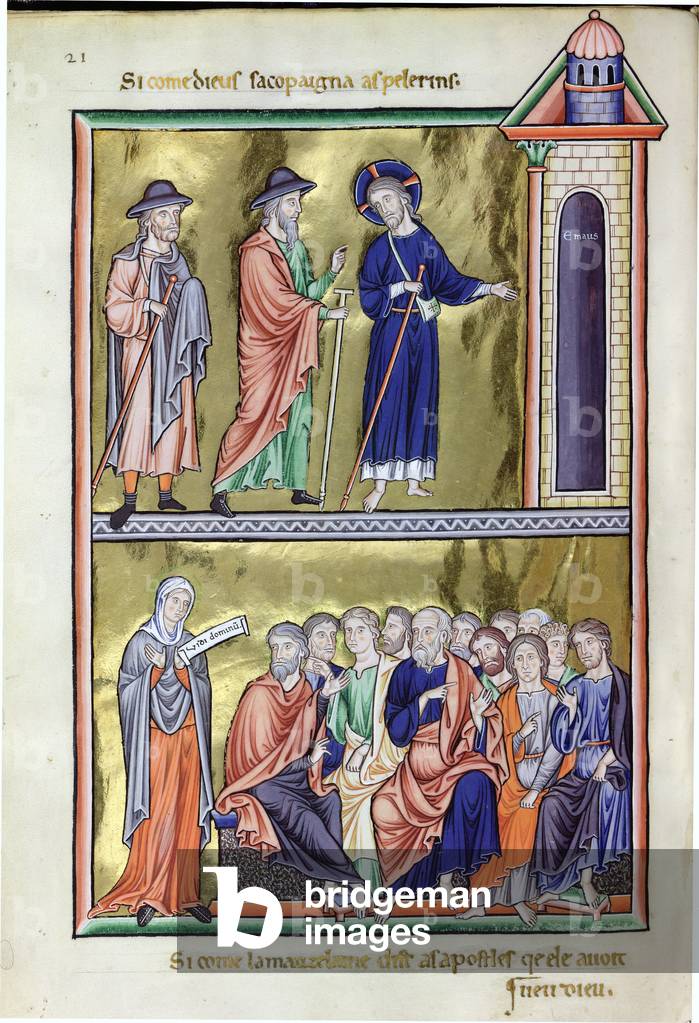 Sig.ra 9/1695 fol.30v Viaggio a Emmaus e Maria Maddalena con gli apostoli, dal 'Psautier d'Ingeburg de Danemar