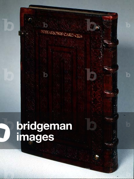 Spine and back cover of an early printed book, with the inscription 'Bessarionis-Card-Opa', 1503 (leather)