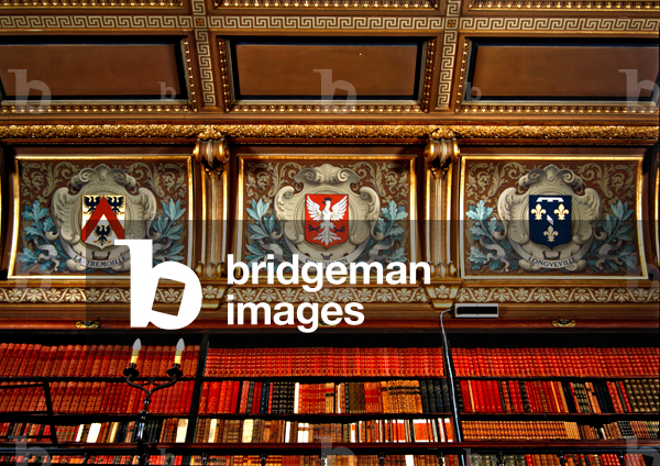 Bookshelf and ceiling detail with the La Tremoille, Chatillon and Longueville family crests (mixed media)