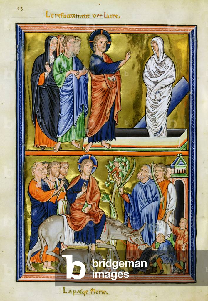sig.ra 9/1695 f.22 La resurrezione di Lazzaro e l'ingresso di Cristo in Gerusalemme, dal 'Psautier d'Ingeburg 