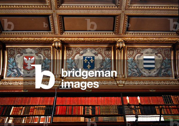 Bookshelf and ceiling detail with the Chatillon, Longueville and Persan family crests (mixed media)