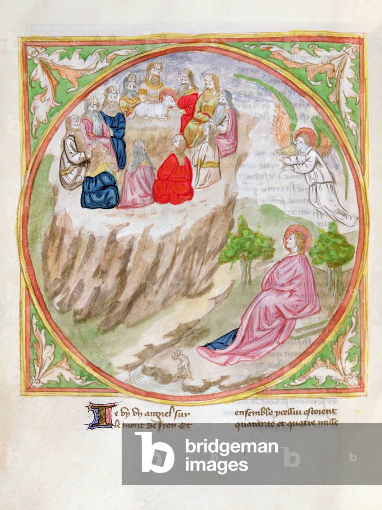 Ms. 28/1378 fol.83v The Lamb on Mount Zion, from 'Histoire Extraite de la Bible et Apocalypse' (vellum)