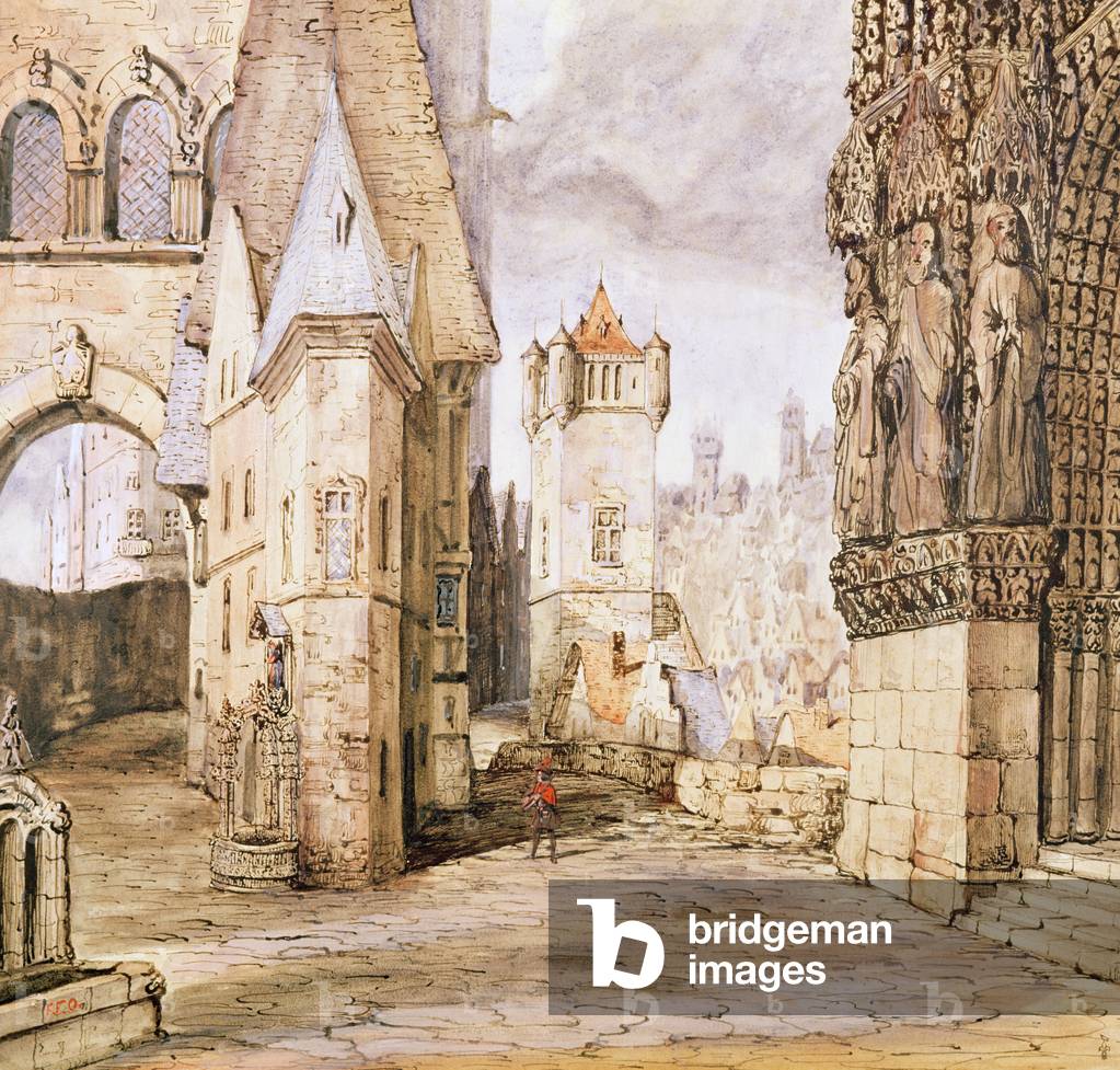 A street in the 16th century, a stage set design for the 1st Act of the opera 'La Juive', after 1835 (w/c on paper)