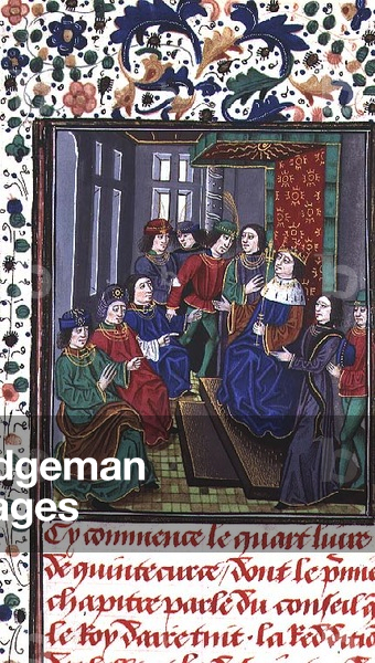 Ms 755/467 fol.108r Council of the King of Aire, from 'Des Faits du Grand Alexandre' (vellum)