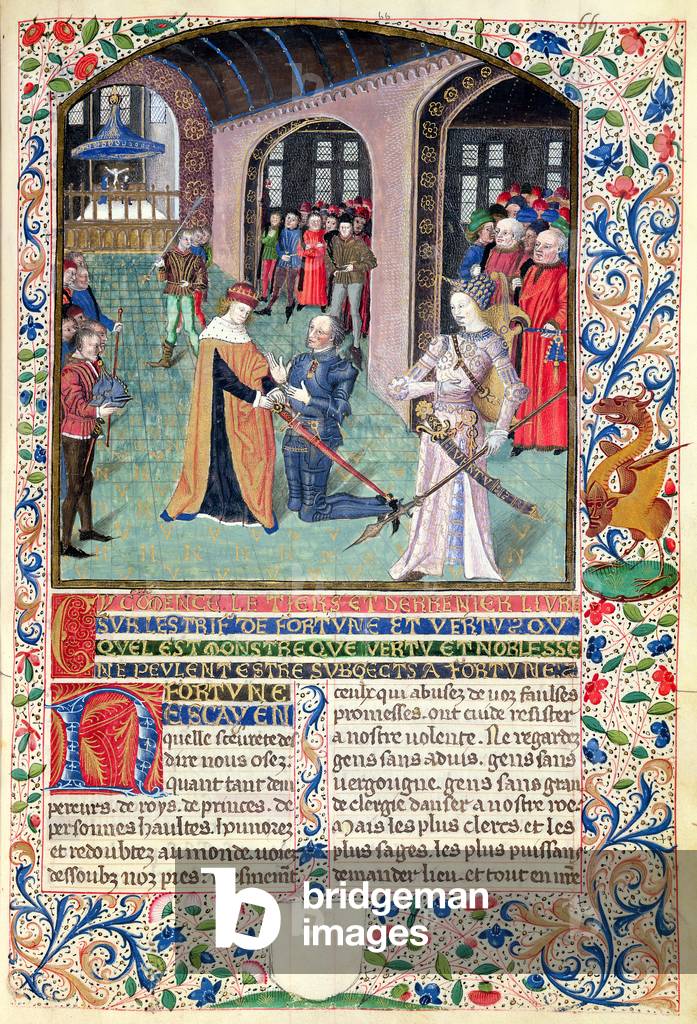 Ms 296/1512 Arming a Knight in the Presence of Virtue, from 'L'Estrif de Fortune et Virtue' by Martin le Franc (vellum)