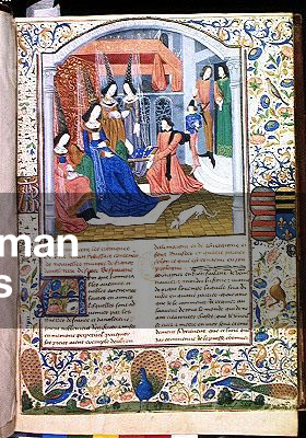 Ms 873/501 f.1 Jean Froissart Presenting his Book to Marguerite II, Countess of Flanders and Duchess of Burgundy, from Froissart's Chronicle, c.1472 (vellum)