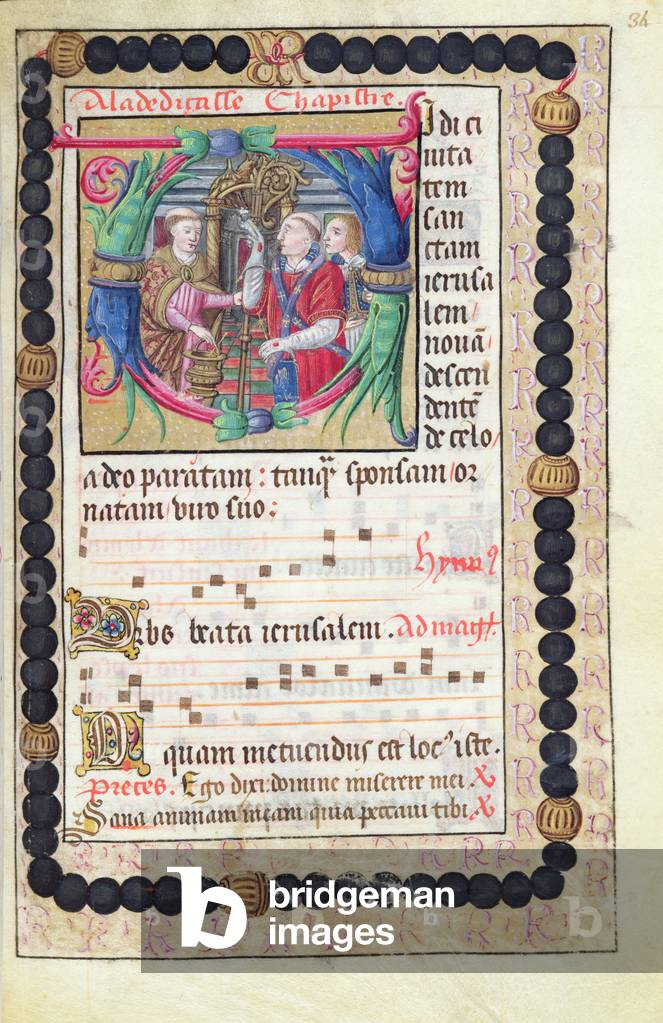 Ms 48/1605 fol.34r, Dedication of the Abbey and sheet music, from 'Rituel et Cérémonial à l'Usage de Renée de Bourbon, Abbesse de Fontevrault' (vellum)