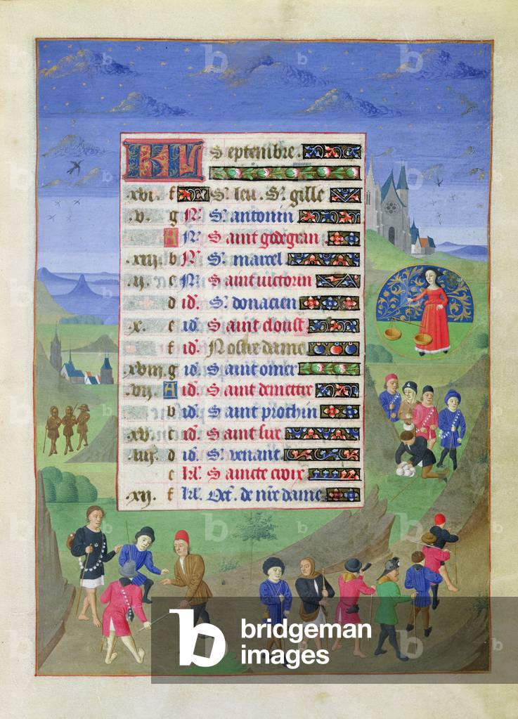 Ms 76/1362 f.9r September: The Return of the Pilgrims from Santiago da Compostela, from the Hours of the Duchess of Burgundy, c.1450 (vellum)