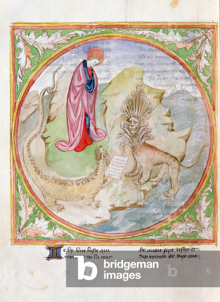 Ms. 28/1378 fol.76v The Beast of the Sea with Seven Heads and Ten Horns, from 'Histoire Extraite de la Bible et Apocalypse' (vellum)