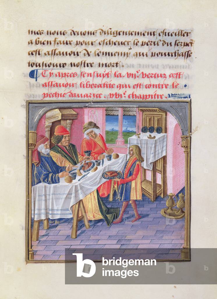 Ms 297/1338 fol.51r Generosity; meal given to guests, from 'Le Livre des Bonnes Moeurs' by Jacques le Grant (vellum) 