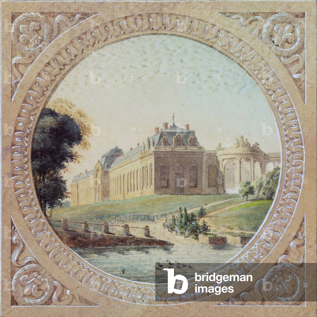 Porte Saint-Denis and the Great Stables from a Map of the gardens of Chantilly (w/c on paper)