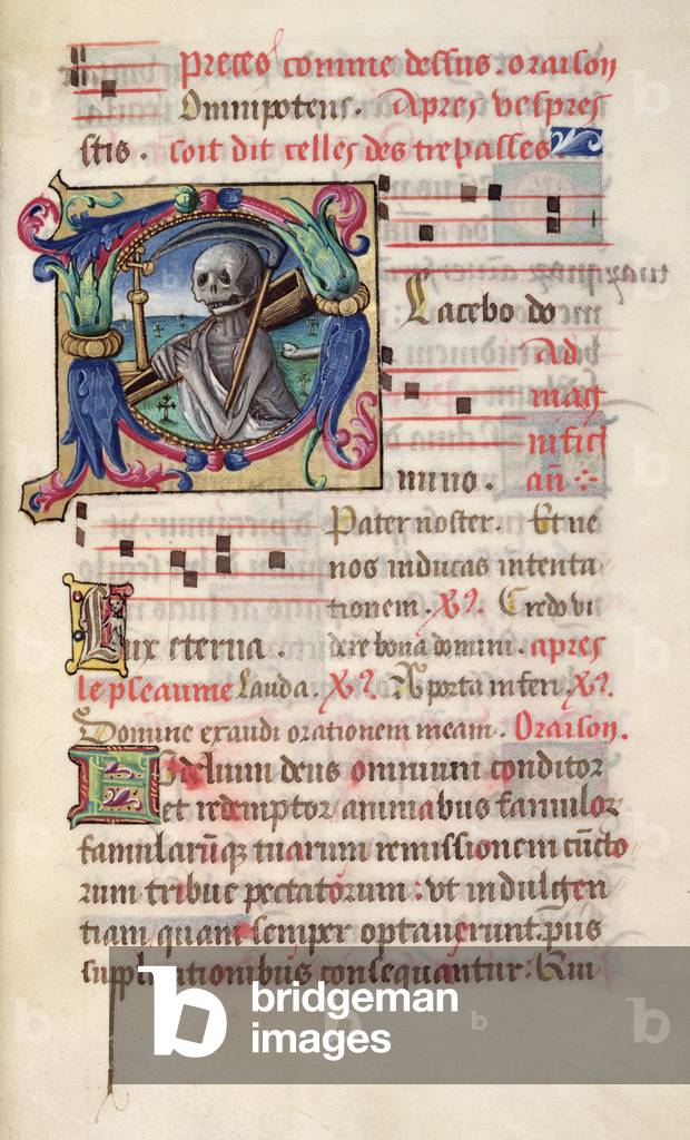 Ms 48/1605 fol.43v Historiated initial depicting death with musical notes, from 'Rituel et Ceremonial a l'Usage de Renee de Bourbon, Abbesse de Fontevrault' (vellum)