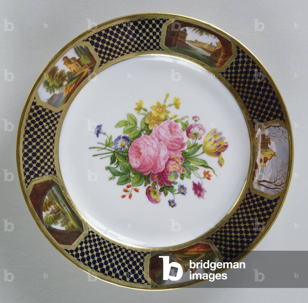 Plate decorated with flowers and five landscapes, manufactured in Paris (porcelain)