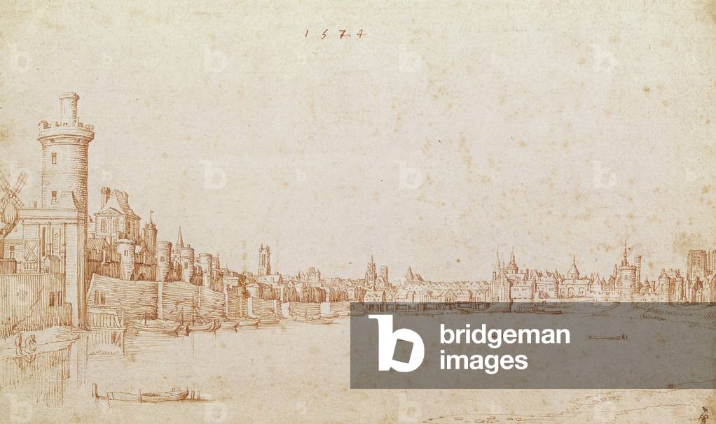 View of Paris and the Seine from the tip of the Ile de la Cité (now Square du Vert Galant), 1574 (pen & ink on paper)