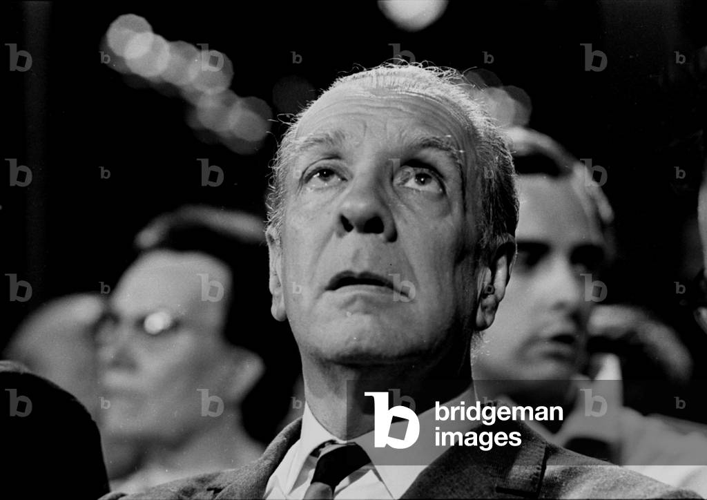 Jorge Luis Borges during a TV contest programme on his work at Buenos Aires Channel 13 studio, 1969 (b/w photo)