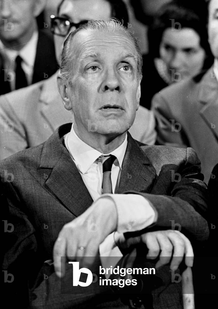 Jorge Luis Borges during a TV contest programme on his work at Buenos Aires Channel 13 studio, 1969 (b/w photo)