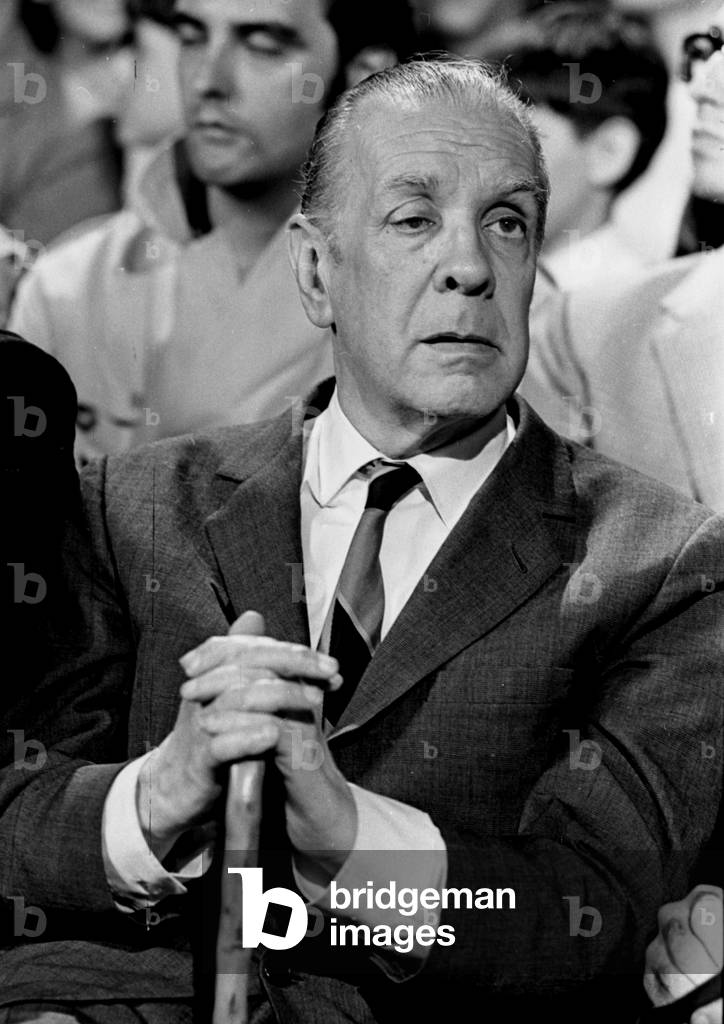 Jorge Luis Borges during a TV contest programme on his work at Buenos Aires Channel 13 studio, 1969 (b/w photo)